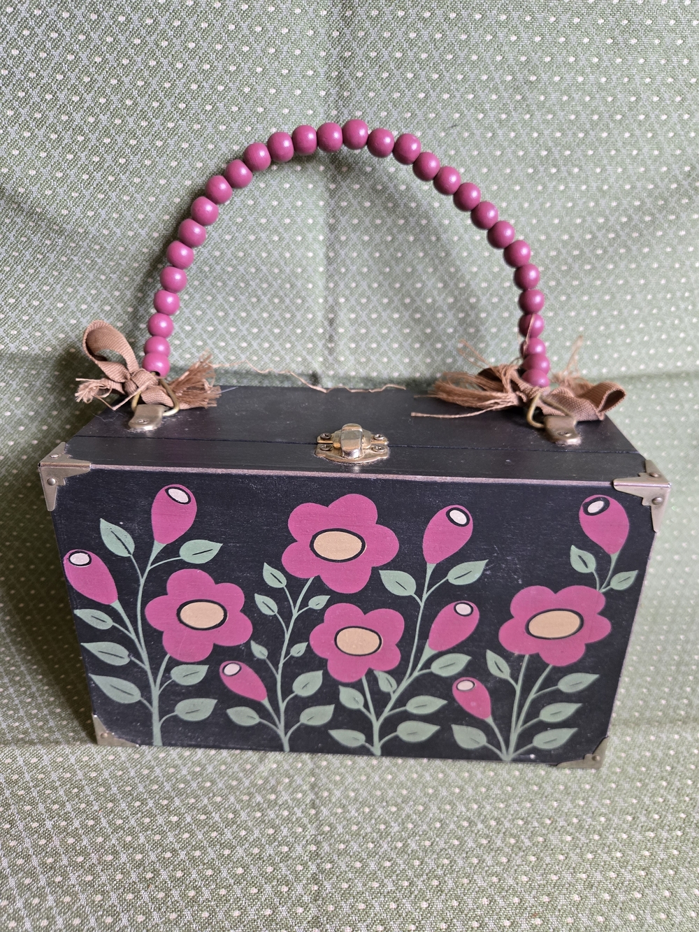 Blossom Bucket Floral Wooden Box Handbag with Beaded Handle And Metal Flip Latch